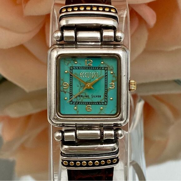 Vintage Ecclissi Sterling Silver Watch with Turquoise Dial and Gold-tone Accents - Picture 4 of 16